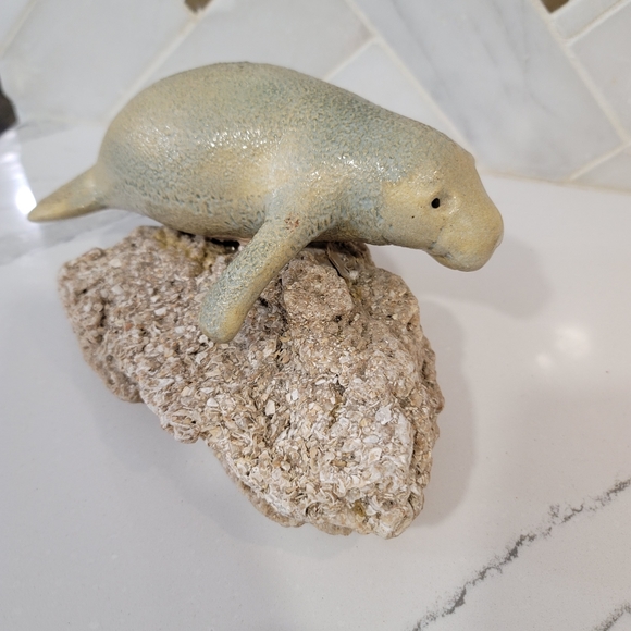 Ceramic manatee on a shell rock. This plus size mermaid is cute beach decor! - Picture 6 of 12